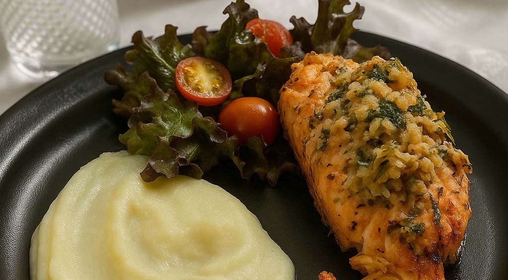 Salmão com mix de folhas e aligot.